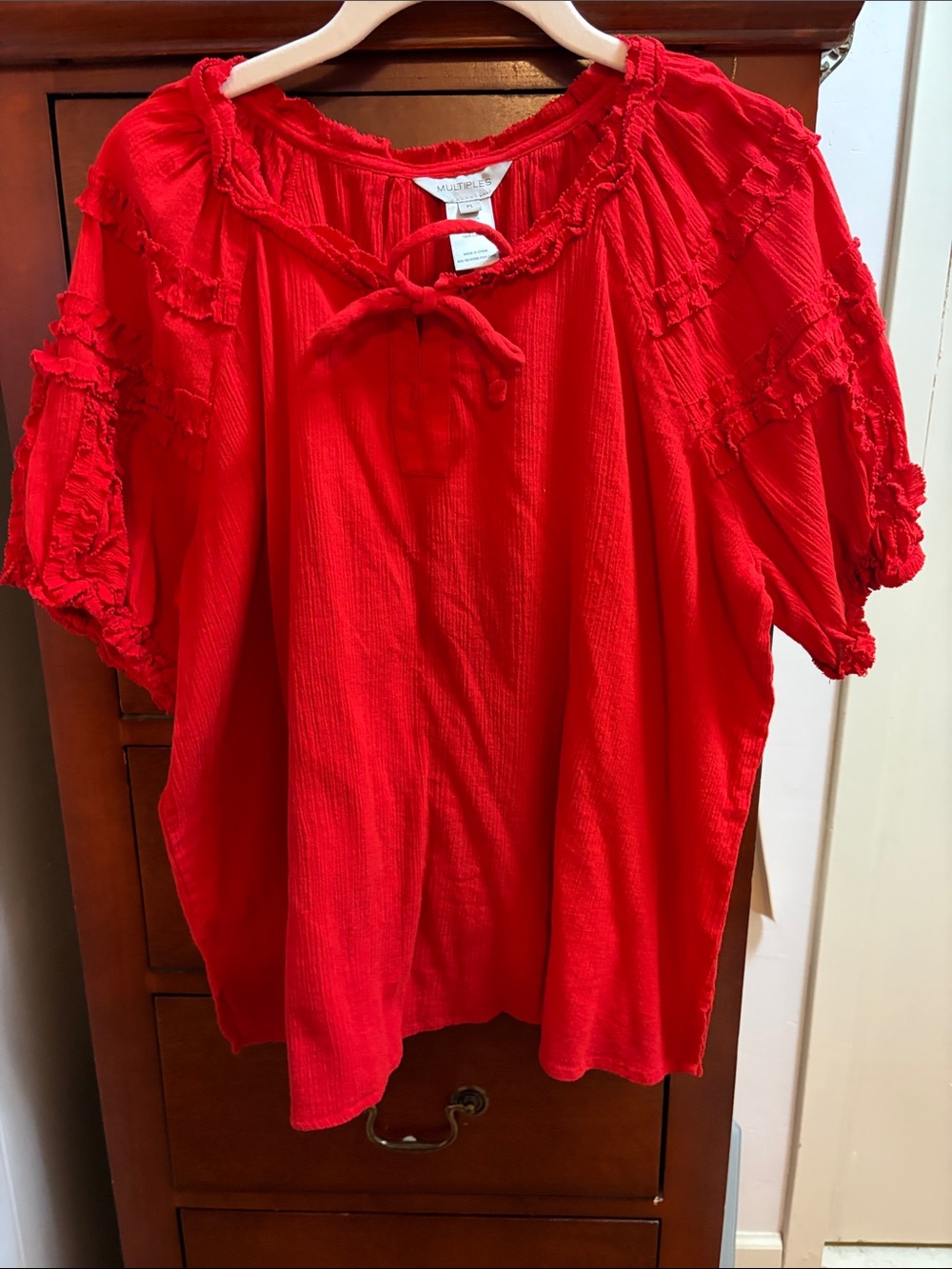 Multiples Red Ruffle Tie-Neck Peasant Blouse